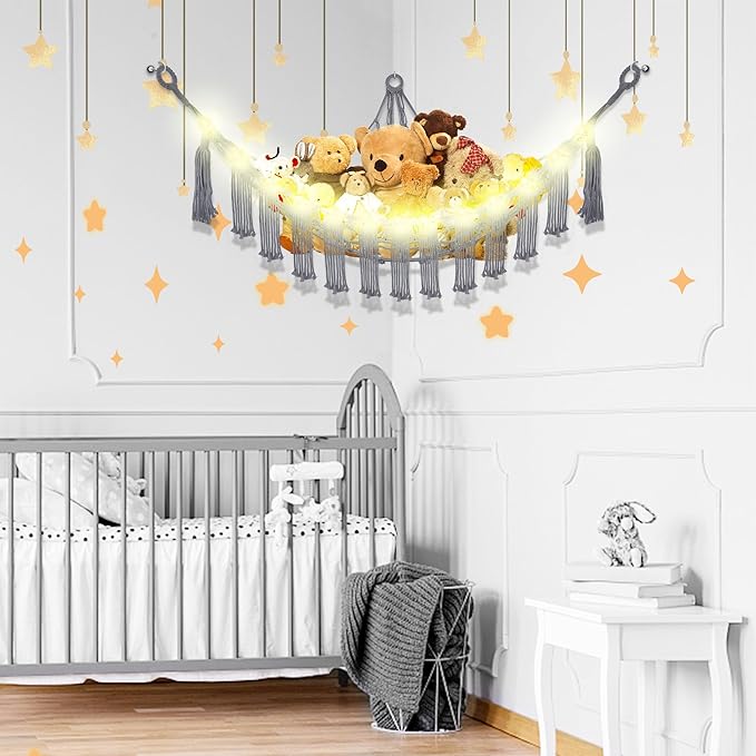 CERETIA Stuffed Animal Hammock with LED Light, Large Stuffed Animals Storage Corner Plushie Net for Kids Room Decor, Jumbo Grey