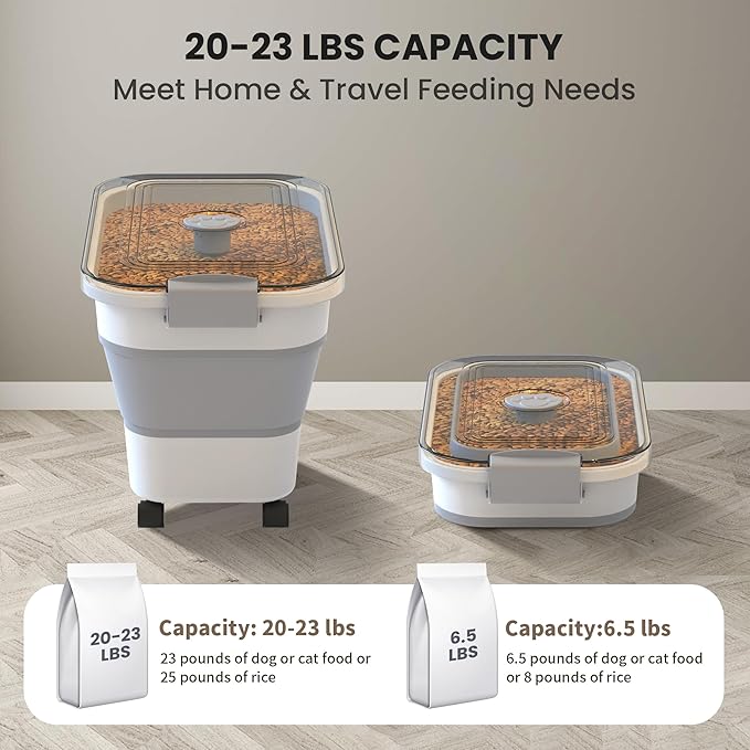 DDMOMMY 20-23 Lbs Dog Food Storage Container, Collapsible Dog Food Container with Transparent Airtight Lid,Multifunctional Pet Food Storage Container for Dog Cat,Rice,Flour,Pet Food Scoop and Dog Bowl