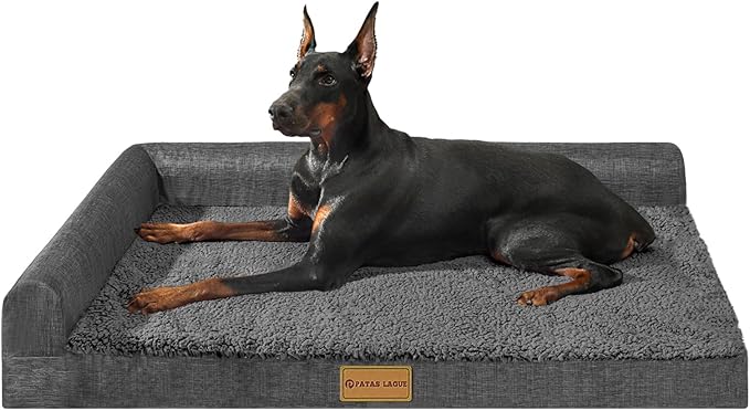 Patas Lague Orthopedic XL Dog Bed Large Sized Dog 42''X28'', Waterproof L Bolster Big Large Pet Sofa Beds with Removable Washable Cover, Soft Pet Couch Crate Mat with Nonskid Bottom, Dark Grey