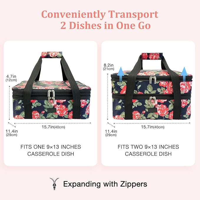 Vuudh Expandable Casserole Carrier Bag - Double Decker Food Bag, Insulated Casserole Carrier for Hot or Cold Food, Lasagna Holder Tote for Picnics,Beaches,Traveling or Gifts