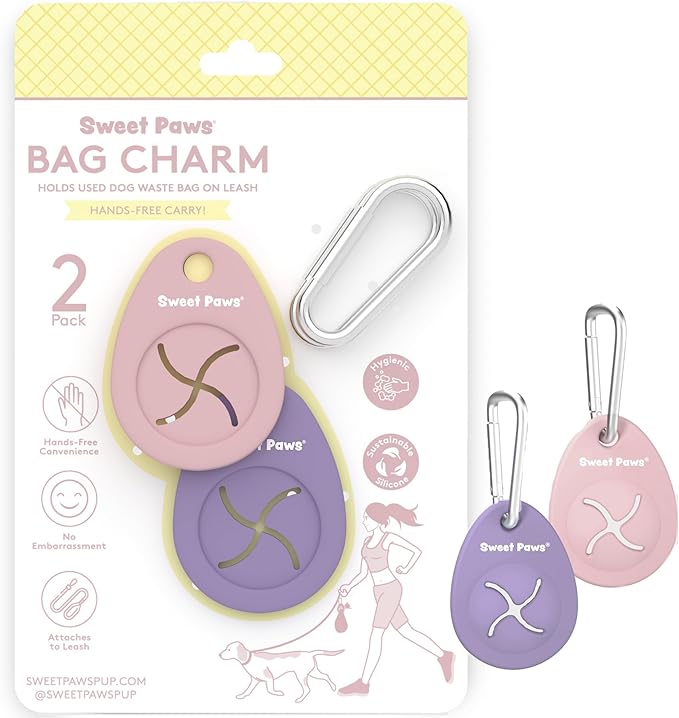 Sweet Paws Dog Poop Bag Holder Charm Duo – Hands-Free Carry of Used Poop Bag, Durable Eco-Friendly Silicone Dog Walking Accessory with Carabiner Clip, Blush Pink & Lavender - 2 charms included