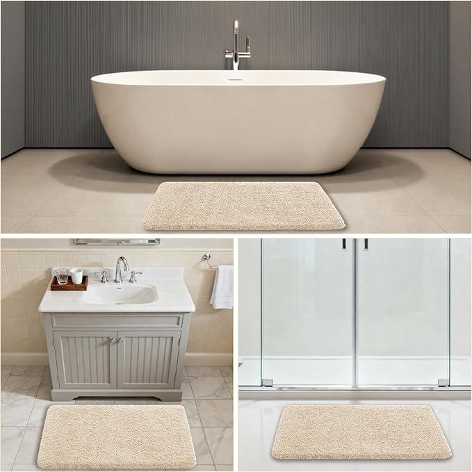 Beige Bathroom Rugs 24"x36" - Fluffy Microfiber Bath Mat, Non Slip and Absorbent Bathroom Floor Mat, Machine Washable Plush Rug - Ideal for Tub, Cabinet or Washroom