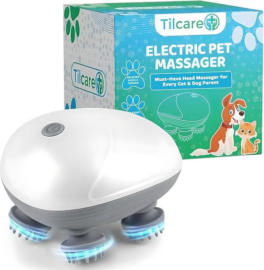 Tilcare Handheld Pet Massager for Dogs and Cats Electric Cat and Dog Massage Tool - Head and Back Scratcher for Relieving Tension, Tight Muscles and Stiffness with Four Rotating Massage Heads