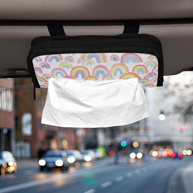 Car Tissue Holder Car Napkin Holder Car Tissue Box Dispenser Storage Case Sun Visor Mask Holder with Adjustable Straps Reusable Refillable Gradient Cute Rainbows
