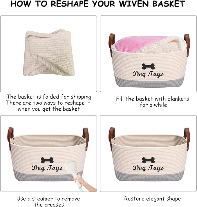 Geyecete X-Large Cotton Rope Dog Basket with Leather handle Blanket Storage Basket Decorative Clothes Hamper Basket | Extra Large Baskets for Blankets or Laundry-Beige/Gray