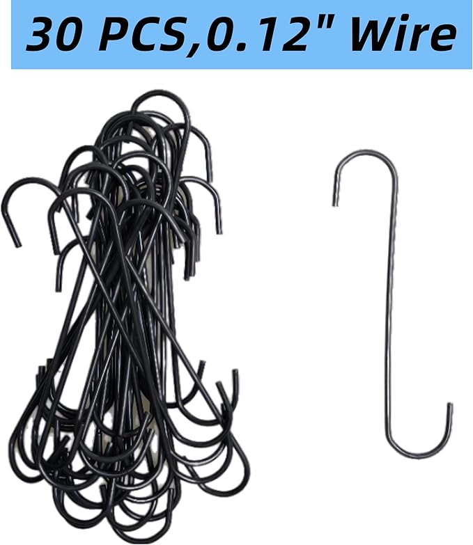 Upgraded 30PCS Metal Durable 6 Inches Long S Shaped Hooks Hanger 0.12''&0.18''（3/4.5mm WD） Thicken Wire Plant Paint Powder Coating DIY Hanging Hooks (30PCS 0.12''（3mm Wire Diameter)