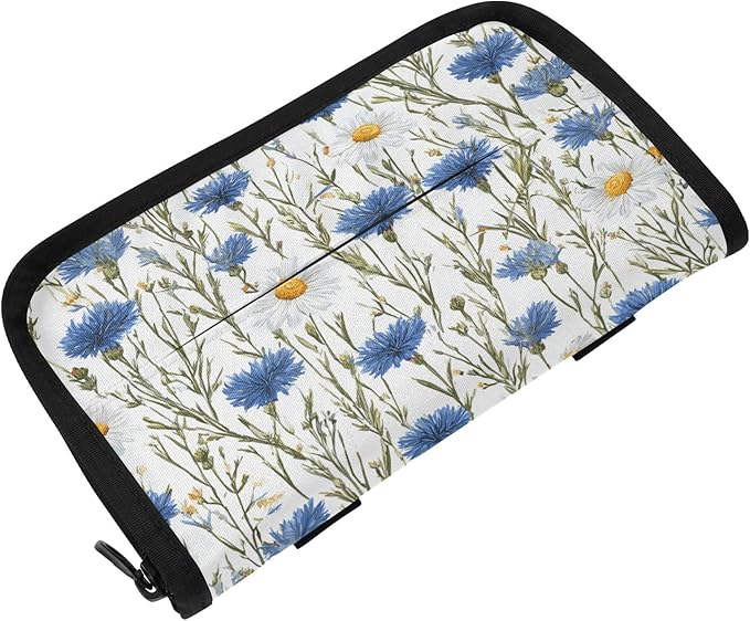 Car Tissue Holder Car Napkin Holder Car Tissue Box Dispenser Storage Case Sun Visor Mask Holder with Adjustable Straps Reusable Refillable Blue and White Daisy03