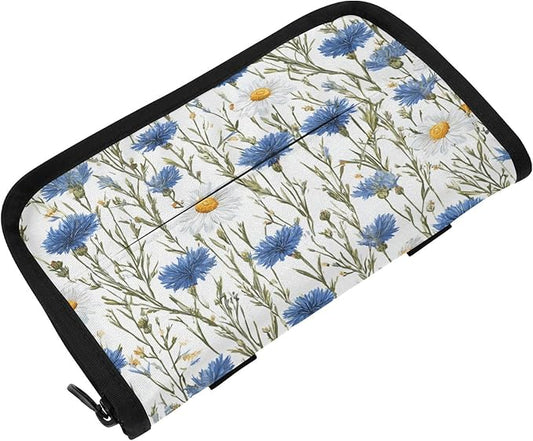 Car Tissue Holder Car Napkin Holder Car Tissue Box Dispenser Storage Case Sun Visor Mask Holder with Adjustable Straps Reusable Refillable Blue and White Daisy03
