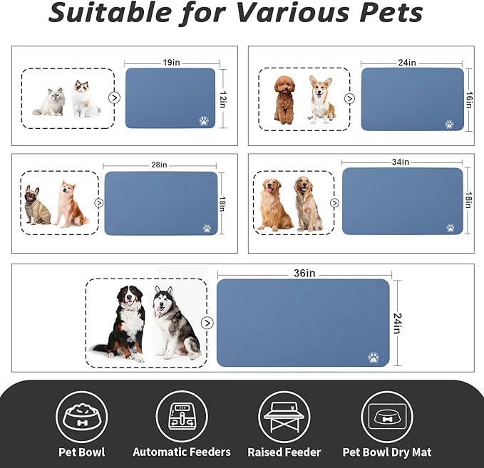 Dog Food Mat - Absorbent Cat Mat for Food and Water, No Stains Pet Feeding Bowl Mat, Easy to Clean Pet Placemats, Quick Dry Dog Water Dispenser Mat for Messy Drinkers | Paw Blue 12"x 19"