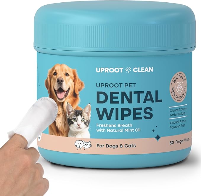 Uproot Clean Pet Dental Finger Wipes for Dogs & Cats (50ct.): Easy & Effective Cat and Dog Teeth Cleaning Wipes - Dog Dental Tissues for Plaque, Tartar, & Bad Breath - Safe, Rinse-Free, Disposable