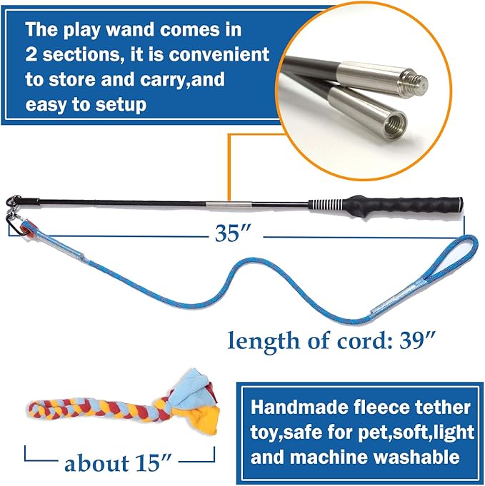 Interactive Flirt Pole Toy for Dogs Chase and Tug of War,Durable Teaser Wand with Pet Fleece Rope Tether Lure Toy to Outdoor Exercise & Training for Small Medium Large Dogs (Blue/Red, POLE-35 inches)