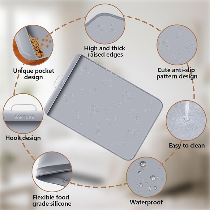 Dog Food Mat with Collection Pocket, 42''x28'' Extra Large Silicone Pet Feeding Mat for Food and Water, Waterproof Anti-Slip Dog Mat with Edge and Handle, Pet Placement for Floor(Light Grey)