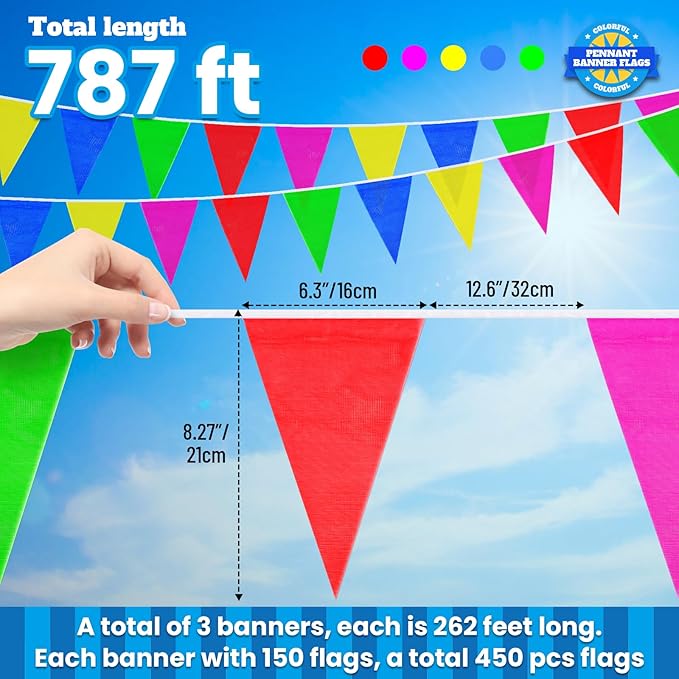 450 Pcs 787Ft Durable Nylon Pennant Banner Flags Rainbow Garland Bunting for Weddings, Easter, Birthdays, Back-to-School Safty Warning & Outdoor Party Decor, Campus Events,Christmas Decor Banners