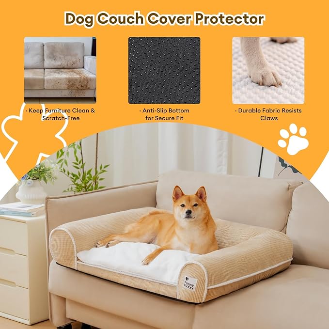 FUNNYFUZZY Orthopedic Dog Bed – Washable Dog Bed with Double Layer Plush Cushion Sofa Style Design with Bolstered Sides for Small Medium and Large Dogs Removable Cover L Size (31.5"x24.4"x7.1") Beige