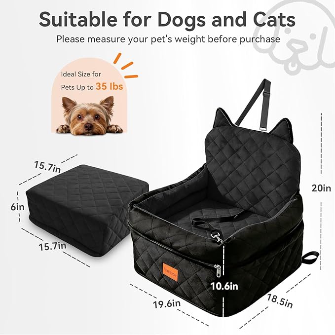 CABZOON Dog Car Seat for Small/Medium Dogs Up to 35lbs,Elevated Cushion Fits in Front/Back Seat,Travel Safety Per Car Bed with Washable Removable Cover, Storage 2 Pockets Black