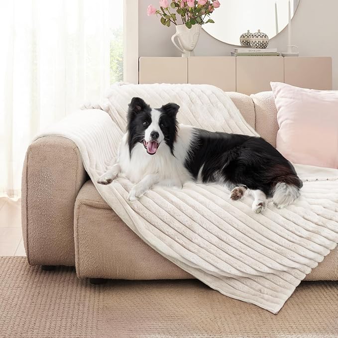 Waterproof Dog Blanket for Small Dogs, Luxury Plush Washable Cats Blankets for Couch Protection, Super Soft Calming Pet Blanket for Indoors (Cream, 25"x35")