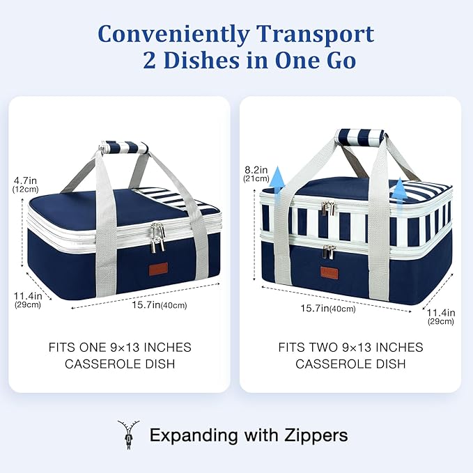 Vuudh Expandable Casserole Carrier Bag - Double Decker Food Bag, Insulated Casserole Carrier for Hot or Cold Food, Lasagna Holder Tote for Picnics,Beaches,Traveling or Gifts