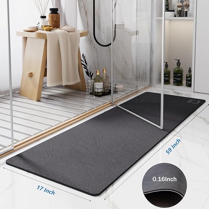 Diatomaceous Earth Bath Mat 17" x 59" Extra Long Bathroom Mat Large Fast Dry Super Absorbent Non-Slip Rubber Backed Shower Mat Bath Rugs Mats for Bathroom Floor, Tub, Shower, Sink, Dark Grey