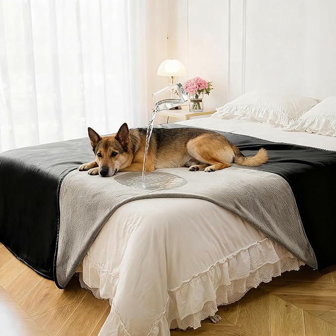 Tuffeel Waterproof Blanket for Bed King Size, Leak Proof Dog Couch Blankets Reversible, Pet Throw Sofa Furniture Protector Machine Washable-82 x108,Black+Lightgrey