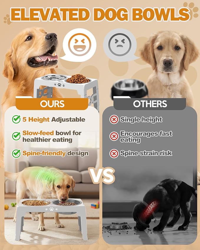 Jovrun Elevated Dog Bowls, Dog Feeder with Stainless Steel Dishes & Slow Feeder Bowl, 5 Heights Adjustable Raised Stand for Medium Large, Food Dishes with Non-Slip Feet