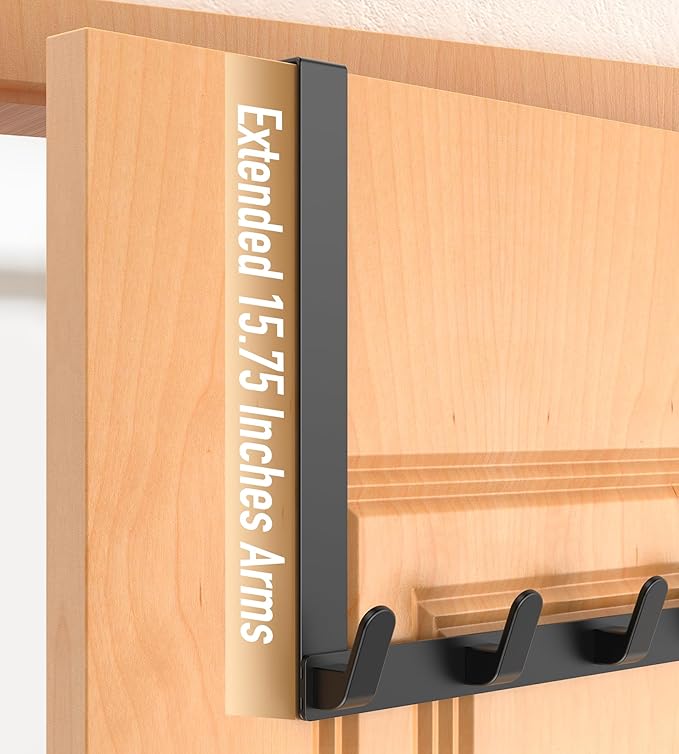 CHAUNCEY HOME Long Over The Door Hooks with 15.75-inch Arms for Easier Access by Women, Heavy Duty Door Hanger for Winter Coat, L16U, Fits Standard 1 3/8'' Doors, Towel Racks Organization, Black