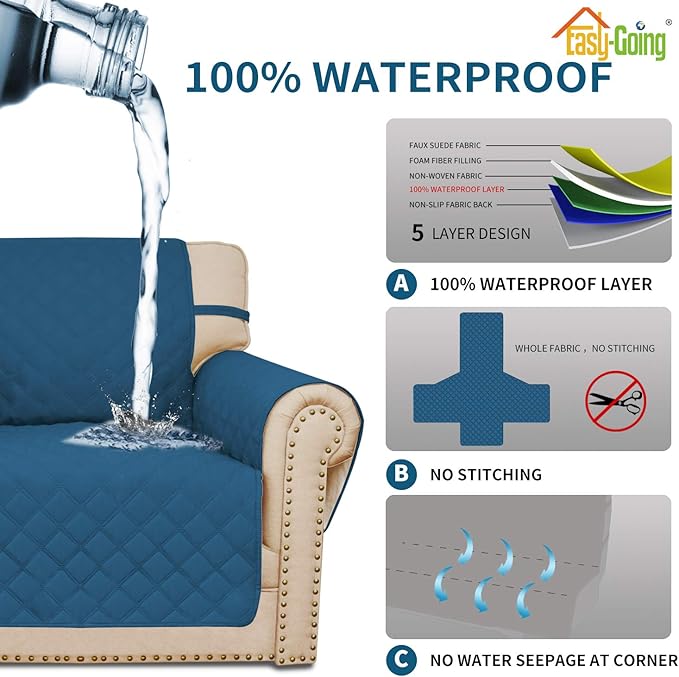 Easy-Going Sofa Slipcover Chair Cover Waterproof Couch Cover Washable Sofa Cover Non-Slip Fabric Furniture Protector with Pocket for Pets Covers Pets Kids Children Dog Cat (Chair, Peacock Blue)