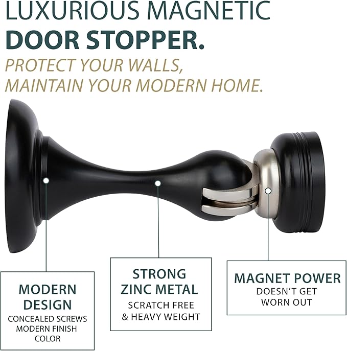Mega Handles Magnetic Door Stopper, Scratch Free Magnetic Door Catch for Wall, Elegant Magnet Stopper for Floor or Wall - Matte Black (2 Pack)