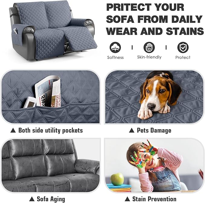 TAOCOCO 100% Waterproof Recliner Couch Covers, Recliner Sofa Covers with Leg Straps, 1-Piece Washable Reclining Sofa Cover with Pocket Couch Protector for Pets Kids(2 Seater, Bluish Grey)