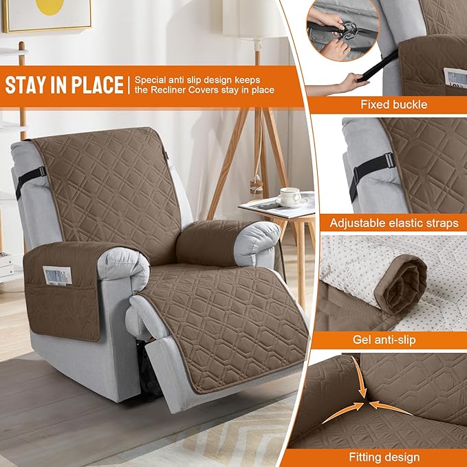 VANSOFY 100% Waterproof Recliner Chair Covers, Recliner Cover Non-Slip Dog Chair Cover Furniture Protector Washable Slipcover with Pocket, Elastic Straps for Pets, Dogs(Brown, 25")
