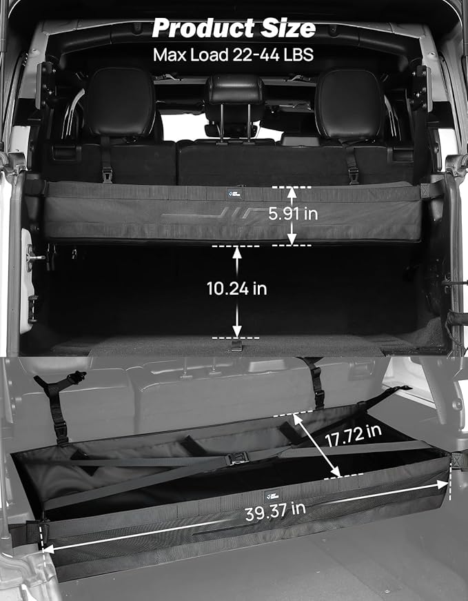 JOYTUTUS PVC Mesh Trunk Organizer Foldable Rear Trunk Cargo Storage for 2007-2026 Wrangler JK JL 4-Door, Interior Luggage Carrier for Camping Trip Gear, Max 22-44 LBS