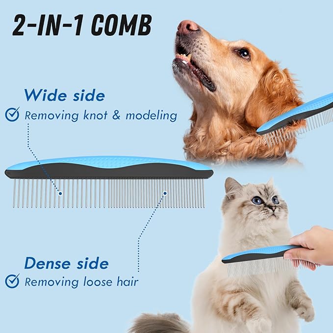 Pet Grooming Combo - Blue Deshedding Brush with Metal Comb for Detangling and Dematting Long, Matted Fur on Cats and Dogs