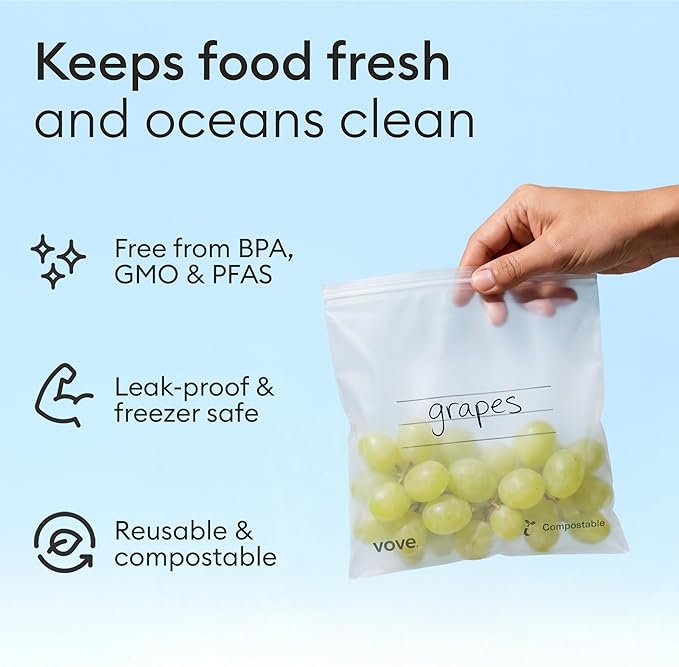 Vove Compostable Gallon Bags, Extra Large 30 Count – Freezer Safe, Leak Proof, Non Toxic Food Storage for Meal Prep & Snacks, Plant-Based Eco Bags