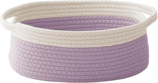 JMvicyroam Woven Basket,Small Rope Storage Bin with Handles & Ribbon Bag, Organizer for Shelves Closets,Gift Basket Empty for Birthday,Books,Dog Toys, White&Purple