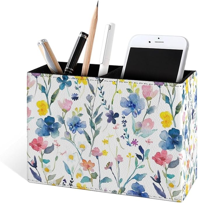 Famame Watercolor Colorful Floral Leaves Pencil Holder for Desk, Leather Desktop Container Pen Cup Storage Study Table Pen Organizer Makeup Brush Holder for Classroom Office Home
