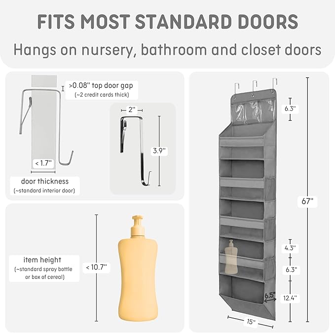 Over The Door Organizer Hanging with 5 Large & 6 Side Pockets 5 Tier Behind Door Storage 50 lbs for Closet, Nursery, Bathroom Door Organizer, 1 Pack, Grey