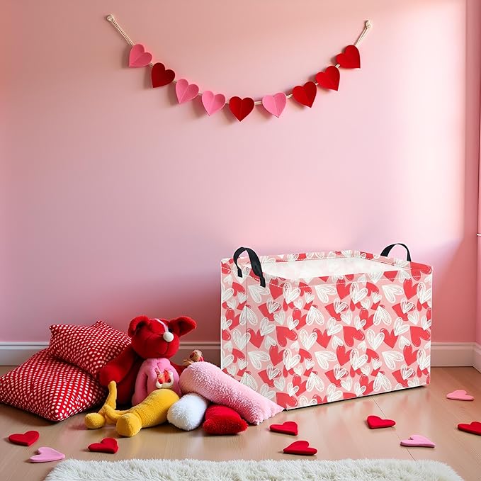 HIYAGON Rectangular Valentines Basket Fabric Storage Bin Storage Boxes Collapsible Storage Basket for Clothes Books Shelves Basket(Pink White Heart)