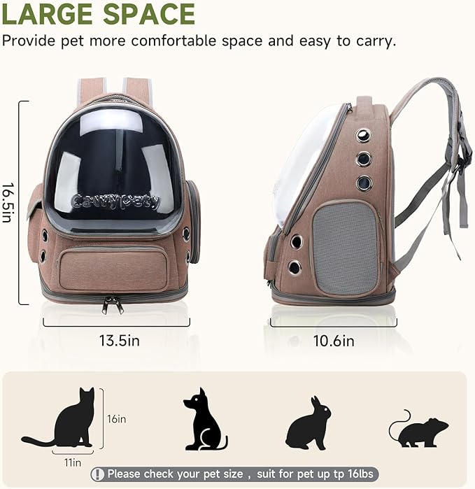 Cawypety Cat Backpack Carrier, Breathable Cat Carrier Large Space Bubble Pet Backpack for Kitty Small Dog up to 15lbs, Transparent & Foldable Pet Carrier for Travel Hiking