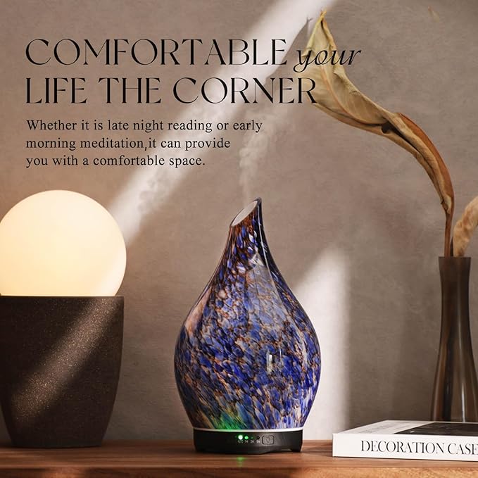 Porseme 280ml Essential Oil Diffuser Glass Color Changing Aroma Air Diffusers Aromatherapy Ultrasonic Cool Mist Humidifier 7 Running Hours Waterless Auto-Off for Sleeping, Yoga, Office (Deep Blue)