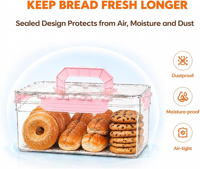 Bread Box with Ice Chilled Condiment Caddy, Portable Airtight Storage Container with Lid Handle for Kitchen Counter, Keeper for Homemade Bread, Toast, Bagel, Cookies, Pink