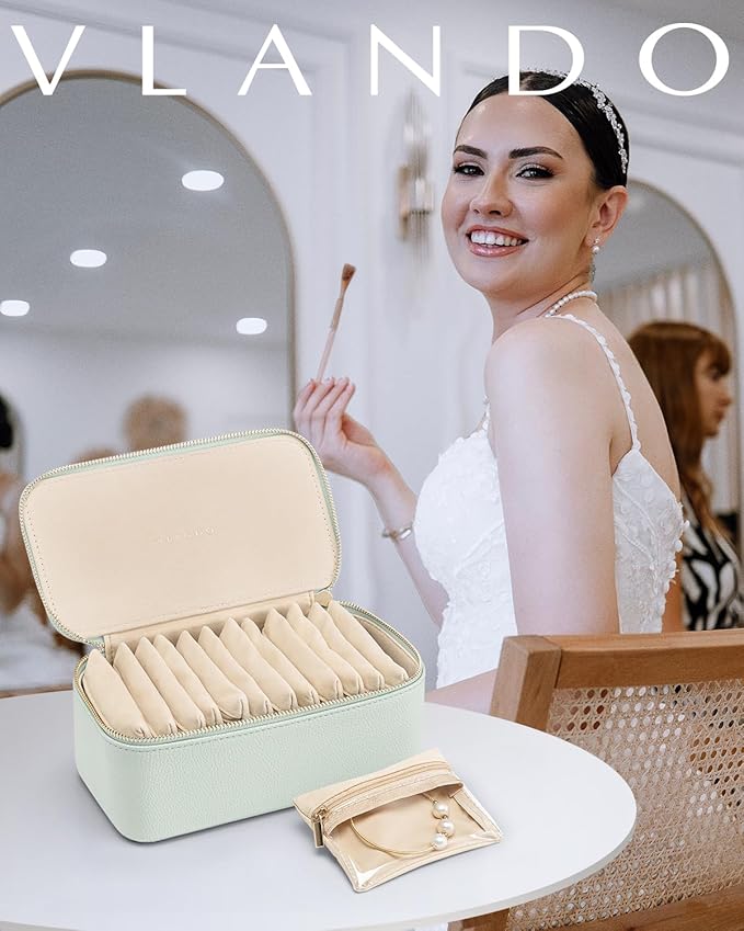 Vlando Jewelry Travel Case,Travel Jewelry Organizer with Clear Velvet Jewelry Bags 12Pcs Zipper Pouch for Women-Mint Green