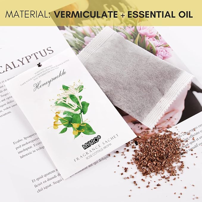 MYARO 12 Packs Honeysuckle Scented Sachets for Drawer and Closet, Long Lasting Air Freshener Fresh Scents Potpourri Bags Home Fragrance for Room Car Small Space