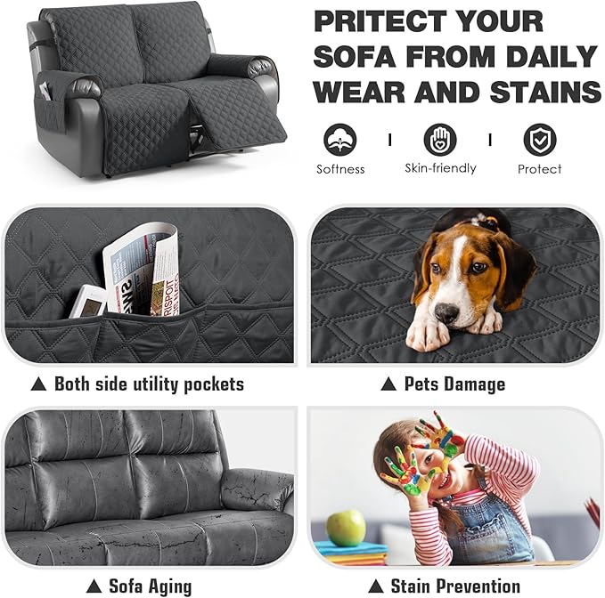 TAOCOCO 100% Waterproof Recliner Couch Covers, Recliner Sofa Covers with Leg Straps, 1-Piece Washable Reclining Sofa Cover with Pocket Couch Protector for Pets Kids(2 Seater, Charcoal Gray)