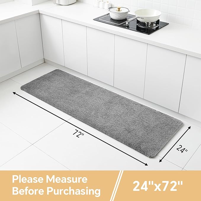 Gray Bathroom Rugs Runner 24"x72" - Extra Long Plush Bath Mat, Non Slip Absorbent Microfiber Floor Rug, Washable and Fluffy - Ideal for Bathroom, Kitchen or Pet Mat Use