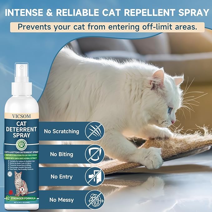 VICSOM Cat Deterrent Spray, Natural Cat Repellent Spray, Cat Scratch Deterrent for Furniture, Sofas, Rugs, Curtains, Plants, Indoor & Outdoor Keep Cats Kittens Away, No Alcohol & Trace 6.76 FL Oz