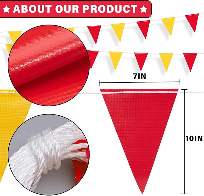 105ft Pennant Banner Flags, 7x10 Red and Yellow 45 Pcs High Visibility Safety Flagging on String, Triangle Pool Flag for Backstroke, Construction Events Party Decoration Parking Marking Outside