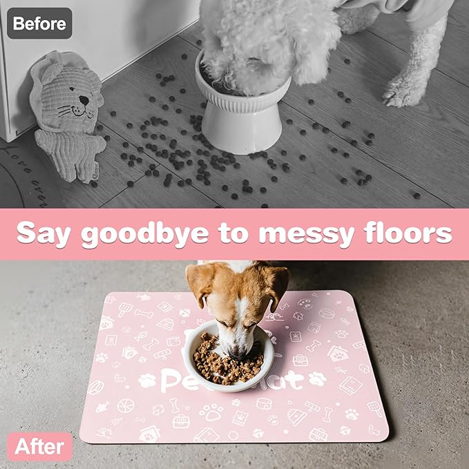 Pet Feeding Mat,Dog Cat Mat for Food and Water,Dog Bowl Waterproof Placemat with Rubber Backing,Absorbent Quick Dry Water Dispenser Mat for Pet（Pink 16"×24"）