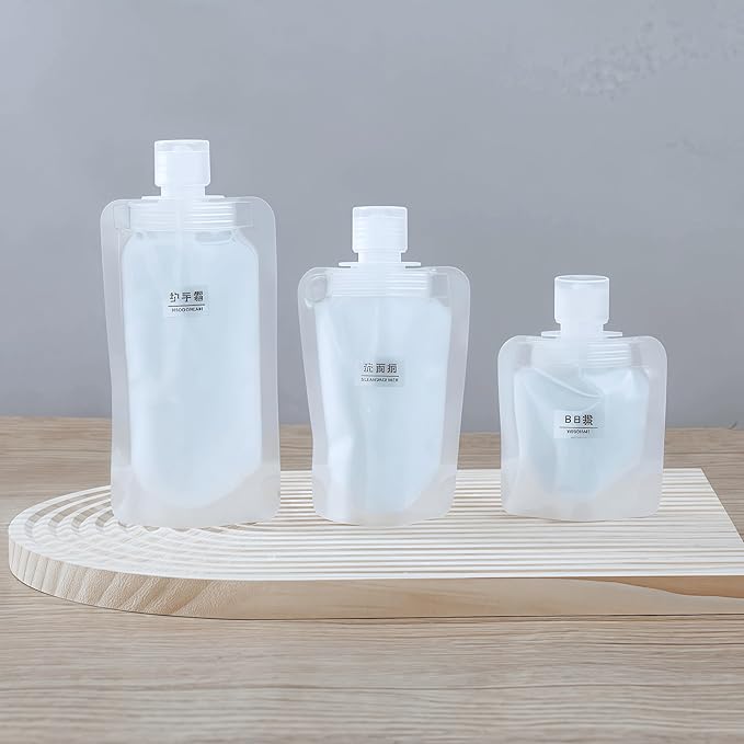 10 Pack Travel Pouches for Toiletries, Size Portable Containers,Stand Up Pouch,Refillable Travel Accessories for Shampoo Conditioner (100ML/3.4OZ/10piece)