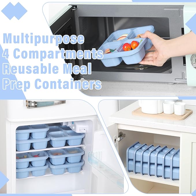 12 Pcs 4 Divided Compartments Snack Containers Bento Wheat Straw Snack Box with Lid Reusable Meal Prep Lunch Box Food Storage Containers for Adults Christmas Travel Work Gifts(Blue)