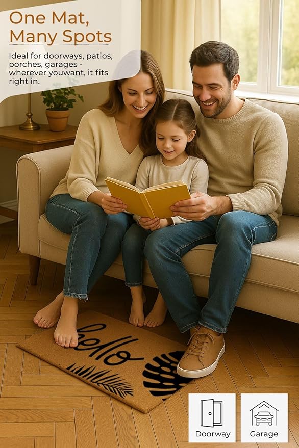 COCONIQ Coir Door Mats 17" X 30", Non-Slip Sturdy, PVC Backed Heavy Duty, Easy to Clean, Ideal for Door Entrance, Patio, Porch, Backyard, Garages, Hello - Black Leaves