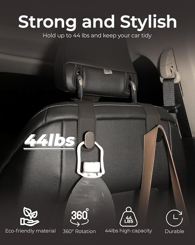 4-Pack Heavy-Duty Car Headrest Hooks, Premium PU Leather & Stainless Steel Seat Organizer for Purses, Bags, Groceries (Holds 44 lbs), Universal Fit for All Cars, Easy Installation